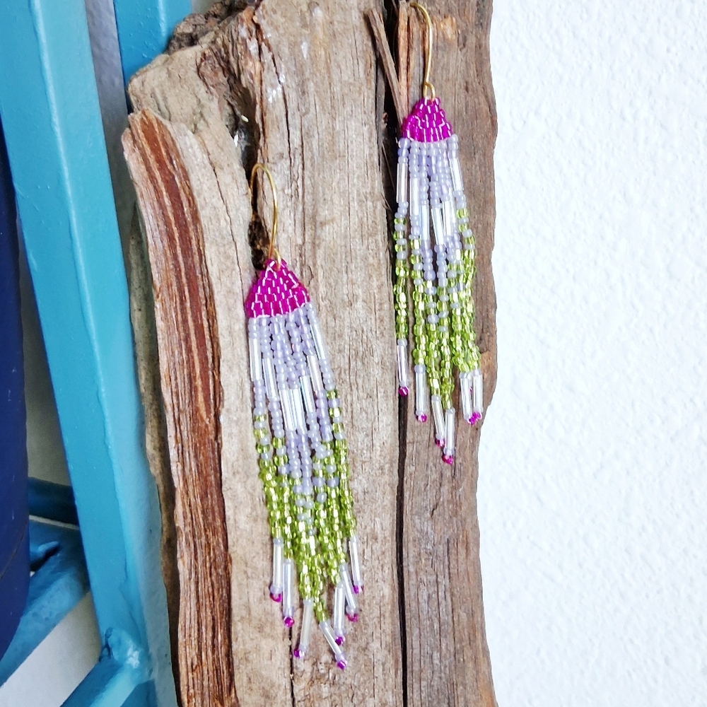 BOGO EARRINGS Boho Chic Seed Bead Fringe Tassel Dangle Earrings, Statement 3.5" - Picture 7 of 7
